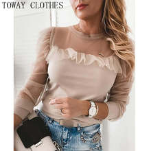Women Sheer Mesh Autumn Spring Solid Ruffles Long Sleeve Shirt Blouse Tops Casual Chic Elegant 2024 - buy cheap