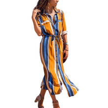 2019 Summer Down Collar Office Ladies Stripe Shirt Dress Long Chiffon Beach Casual Long Sleeve Elegant Party Dress Vestidos 2024 - buy cheap