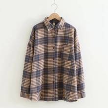 Autumn Winter Vintage Woolen Plaid Shirts Women Casual Drop Shoulder Long Sleeve Loose Thick Basic Blouses Female Outwear Tops 2024 - buy cheap