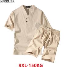 Summer Men pajamas sleep wear home wear large size linen Short Sleeve T-shirt and shorts chinese style 7XL 8XL 9XL loose Tees 68 2024 - buy cheap