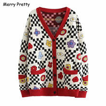 MERRY PRETTY Women's Floral Embroidery Plaid Cardigans 2020 Winter Thick Warm V-Neck Knitted Sweaters Jacquard Funny Sweater 2024 - buy cheap