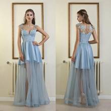 Sky Blue Prom Dresses 2020 Applique Satin Tulle V Neck Floor Length Arabic Evening Dresses Formal Party Wear Illusion Celebrity 2024 - buy cheap