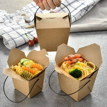 50pcs Kraft paper carton lunch snack furit salad box disposable fast food pasta takeaway packaging box with black plastic handle 2024 - buy cheap