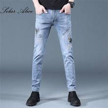 Calça jeans estampada masculina quatro estações, frete grátis, slim, stretch, calça casual para jovens, 2021 2024 - compre barato
