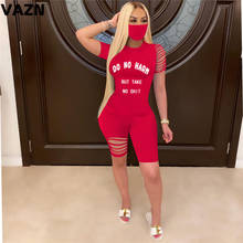 VAZN Lucky red colors 2020 summer sexy lady 2-piece mid set hole short sleeve O-neck pullover tees mid pants set high street set 2024 - buy cheap