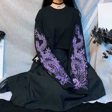 Camiseta estilo harajuku preto, camiseta estilo solto bordado violeta de dragão, estilo japonês de manga longa em tamanho grande para mulheres 2024 - compre barato