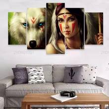 5 панелей, девушка, копье, воин, волк, холст, живопись, настенное искусство, домашний декор, модульная принцесса Mononoke, картины, плакаты и принты 2024 - купить недорого
