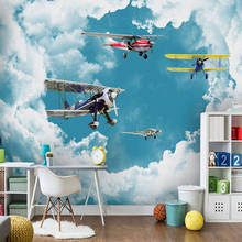 Papel tapiz 3D personalizado, pegatinas de pared impermeables autoadhesivas modernas de cielo azul y nubes blancas, murales de avión para habitación de niños 2024 - compra barato