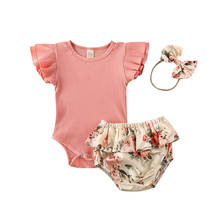 3Pcs Infant Kids Baby Girls Clothes Sets Pink Ruffles Sleeve Romper Tops+Flowers Shorts+Headband 0-18M 2024 - buy cheap