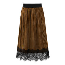 TingYiLi Autumn Winter Velvet Skirt With Lace Gray Khaki Green Black Long Pleated Skirts Womens Korean Fashion Maxi Skirt 2024 - buy cheap