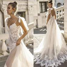Bohemian Spaghetti Straps Wedding Dresses Beach Lace Sleeveless Backless Bridal Gowns Boho Princess Robe Party Long Train White 2024 - buy cheap