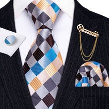 Fashion Designer Blue Geometric Men Tie Gold Brooch Silk Tie Handkerchief Set Gift For Men Wedding Business Barry.Wang Necktie 2024 - buy cheap