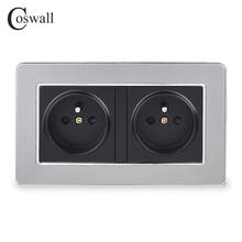 COSWALL 16A Double French Standard Wall Socket Luxury Power Outlet Stainless Steel Brushed Silver Panel AC 110~250V 2024 - buy cheap