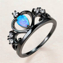 Cute Female Blue Opal Stone Ring Charm 14KT Black Gold Thin Wedding Rings For Women Luxury Bride Hollow Crown Engagement Ring 2024 - buy cheap
