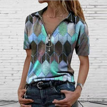 Women Short Sleeve T Shirt Elegant Zipper V-Neck Tees Summer Pullover Geometric Print Tops For Female 2021 Hot Sale Lady Clothes 2024 - buy cheap