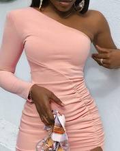 Women Fashion Casual Spring Summer Sexy Mini Dresses Skinny Bodycon One Shoulder Long Sleeve Pink Party Cocktail Slim Clubwear 2024 - buy cheap