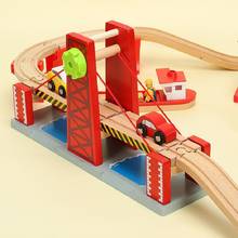 Trilha de trem de madeira brinquedos conjunto levantamento grande ponte suspensão acessórios pista trem ferroviário slot trânsito ferroviário de madeira crianças brinquedos 2024 - compre barato