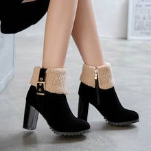 Casual style comfortable round toe flock winter warm ankle boots fashion buckle zipper high heels women's riding boots big size 2024 - buy cheap