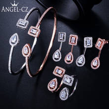 ANGELCZ-Conjunto de joyería de circonia cúbica para mujer, brazalete abierto geométrico de Color rosa dorado y plateado, anillo, pendientes de fiesta J182 2024 - compra barato