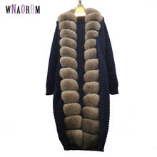 Suéter de piel de lana para mujer, Chaqueta larga de invierno, gabardina de punto con cuello de piel de zorro desmontable, novedad de 2021 2024 - compra barato