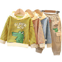 Conjunto de roupas listradas para crianças, 2 peças, blusa e calça com capuz para meninos e meninas, 1-5 anos, primavera e outono 2024 - compre barato
