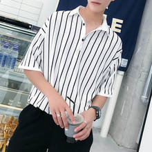 YASUGUOJI New 2019 Summer Fashion Vertical Striped Shirts for Men Loose Polyester Mens Shirt Mens Half Sleeve Dress Polo Shirts 2024 - buy cheap