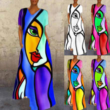 Abstract Girl Graphic Print Dress Women Vintage Cartoon V-Neck Long Party Dresses Casual Short Sleeve Pocket A-Line Maxi Dresses 2024 - buy cheap