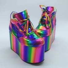 Women Laser Rainbow Colors Platform Round Toe Ankle Boots Patent Leather Super Wedge High Heel Lace Up Knight Punk Shoes Plus Sz 2024 - buy cheap