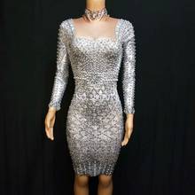 Sparkly Pearl Rhinestones Dress Women Birthday Celebrity Prom Party Night Outfit Long Sleeve Graceful Bodycon Dresses Stage Wear 2024 - buy cheap