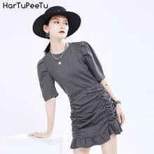 Vintage Mini Dress Elegant Women Pleated Tunic Dresses 2022 Summer Puff Sleeve Office Lady Asymmetrical Vestidos Mujer Verano 2024 - buy cheap