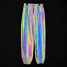 Calça esportiva colorida com luz refletora, calça de corrida para homens e mulheres, outono, hip hop, dança de rua, deslumbrante de noite, calça de perna larga, calça de moletom 2024 - compre barato