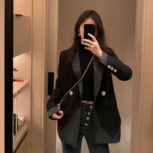 Blazer Women Suit Jacket Women Chic Spring Striped Stitching Fake Two-Piece Double Breasted Top Veste Femme 2024 - buy cheap