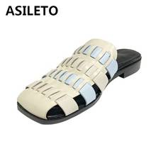 Женские тапочки из натуральной кожи ASILETO 2021 Comfort Plus, плетеные сандалии с квадратным носком, толстые каблуки 2 см, US9, черные, белые, A4293 2024 - купить недорого
