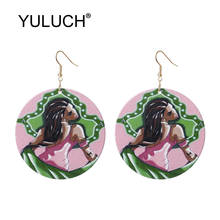YULUCH Trendy Personality Women Round Long Earrings Natural Wood Printed Printing Art Pattern Dangle Earrings Fashion Jewelry 2024 - buy cheap