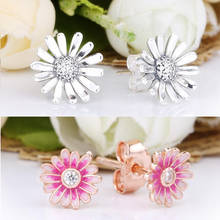 2021 New Free Shipping Authentic 925 Sterling Silver Pink Daisy Flower Stud Earrings For Women DIY Jewelry S925  Shine Earring 2024 - buy cheap