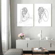Preto branco sentado linha mulher com abstrato flor arte da parede impressão em tela cartaz para sala de estar decoração casa 2024 - compre barato