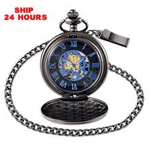 Black Mechanical Pocket Watch Pocket Clock Chain Necklace Steampunk Blue Skeleton Mechanical Fob Pocket Watch Gift Ship 24 Hours 2024 - buy cheap