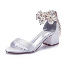 2020 Mid Heels Satin Pearls Wedding Sandals Open Toe Ankle Buckle Strap Block Heel Prom Evening Formal Party Dress Sandals 2024 - buy cheap