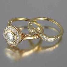 2 pçs anéis de cristal dourado para as mulheres jóias feminino anel de noivado senhoras moda vintage redondo strass acessórios feminino novo 2024 - compre barato