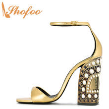 Shofoo Gold Ankle Strap Pearl High Chunky Heels Buckle Sandals Large Size 13 16 Ladies Female Fashion Summer Office Mature Shoes 2024 - buy cheap