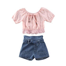 Conjunto de pantalones cortos para bebé y niña, Tops con hombros descubiertos de encaje Rosa + pantalones cortos de mezclilla con lazo, conjuntos de ropa de verano 2024 - compra barato