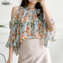 Pulôver floral blusa de chiffon solta, blusa feminina nova camisa de verão com ombro de fora, roupa de manga curta para mulheres 14370 2024 - compre barato