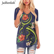 Jackherelook-Blusa con cuello en V para mujer, camisa de manga corta, blusa de talla grande con estampado de hibisco, tatuaje polinesiano de Samara 2024 - compra barato