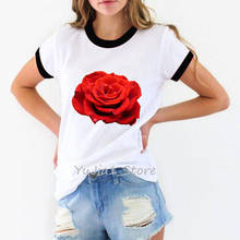 Camiseta feminina, estampa de flor rosa vermelha, 2021, tops, camisetas, femme 2024 - compre barato