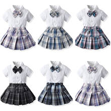 Conjunto de ropa de uniforme para niños y niñas, camisa blanca con pajarita, Tops, faldas plisadas a cuadros, conjuntos de ropa de verano para niños 2024 - compra barato