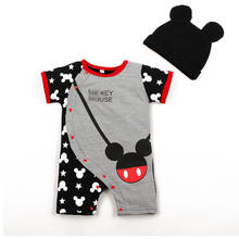 Macacão infantil de algodão com desenhos, roupas da moda com desenhos animados do mickey e minnie, manga curta, 2 peças com chapéu 2024 - compre barato