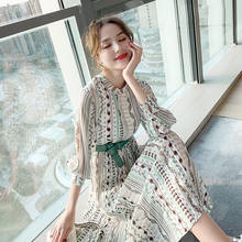 New Women Spring Summer Single Breasted Floral Printted Stand Collar Retro Long Sleeve Mid Casual Dress With Belt Femal 2024 - buy cheap
