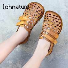 Johnature-Sandalias planas de piel auténtica para mujer, zapatos informales hechos a mano con gancho y lazo, conciso para primavera y verano 2024 - compra barato