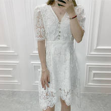 2020 Elegant Woman White Lace Irregular Party Dress Hollow out Patchwork Lantern Sleeve Vintage Mini Dress V-neck Sexy Dress 2024 - buy cheap