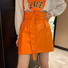 HStar 2020 Autunm Solid Women Orange Leather Skirts Ladies Sashes A-line High Waist Skirts Female Green Mini Skirts 2024 - buy cheap